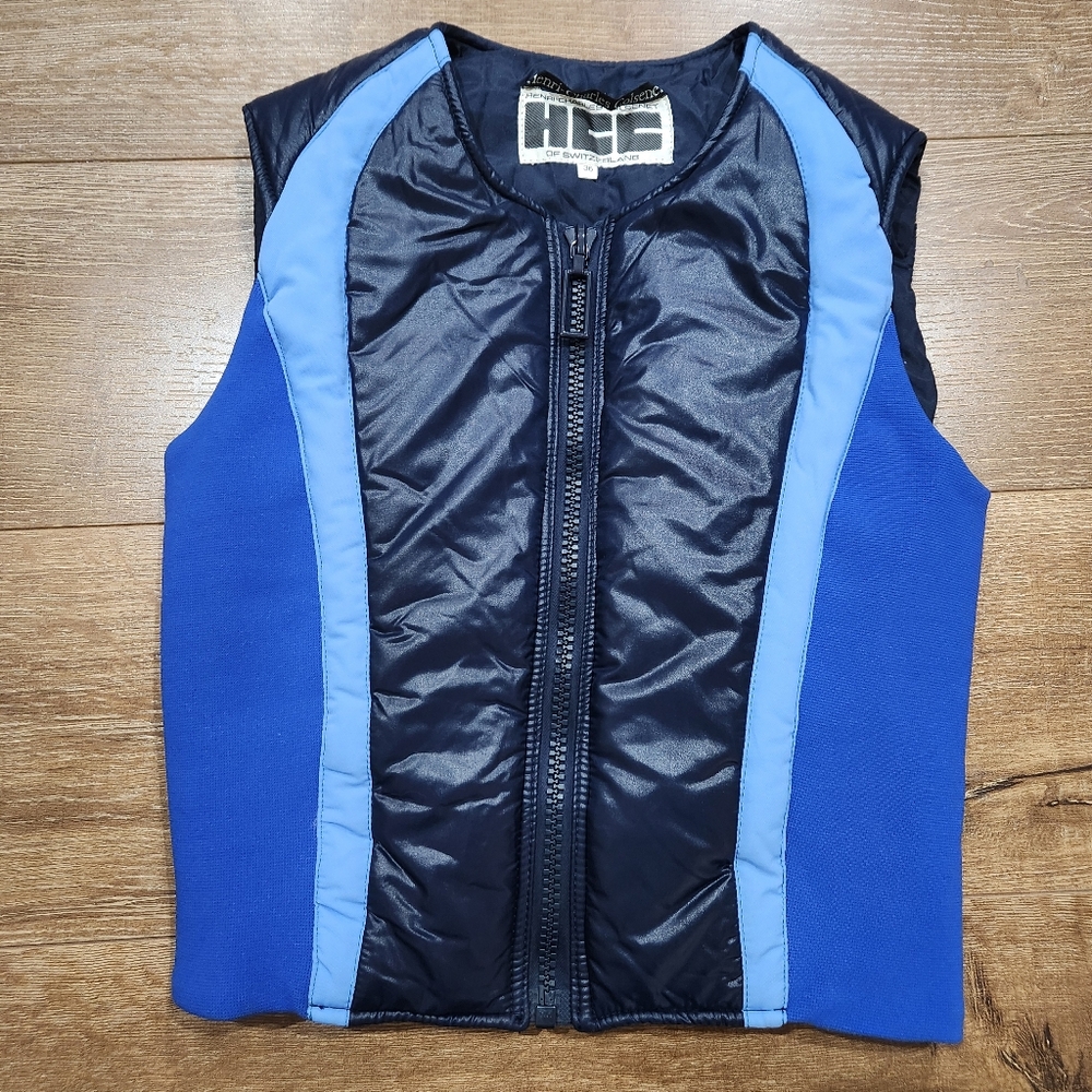 Vtg HCC Henri Charles Colsenet Swiss blue ski puffer vest sz 36 gorpcore 70s